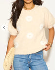 Floral Pattern Embroidered Soft knit Short Sleeves Jumper in Cream