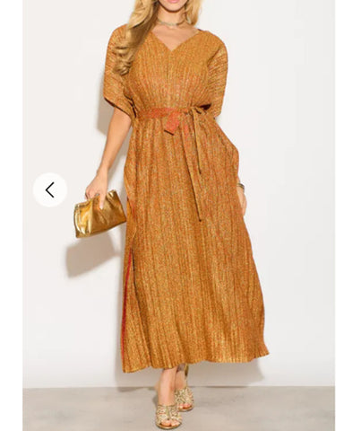 Oversized Metallic pleated kaftan maxi dress in Gold