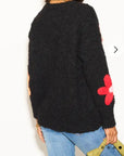 Floral Pattern Embroidered Soft knit Long Sleeves Jumper in black