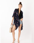 Blue Aztec Tile Print Cotton Long Kimono Cardigan Top