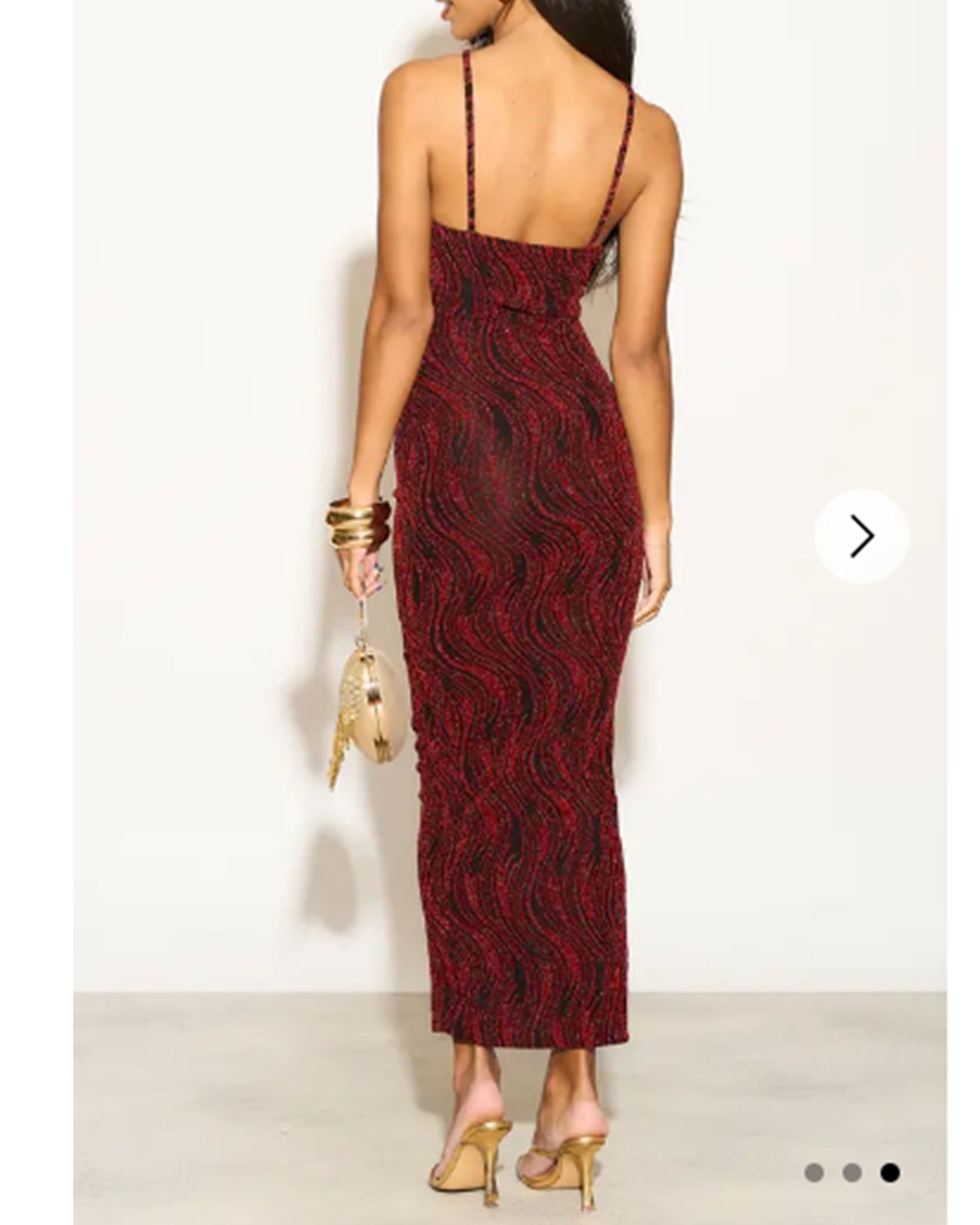 High-neck sleeveless metallic-knit with pattern print maxi dress in Red