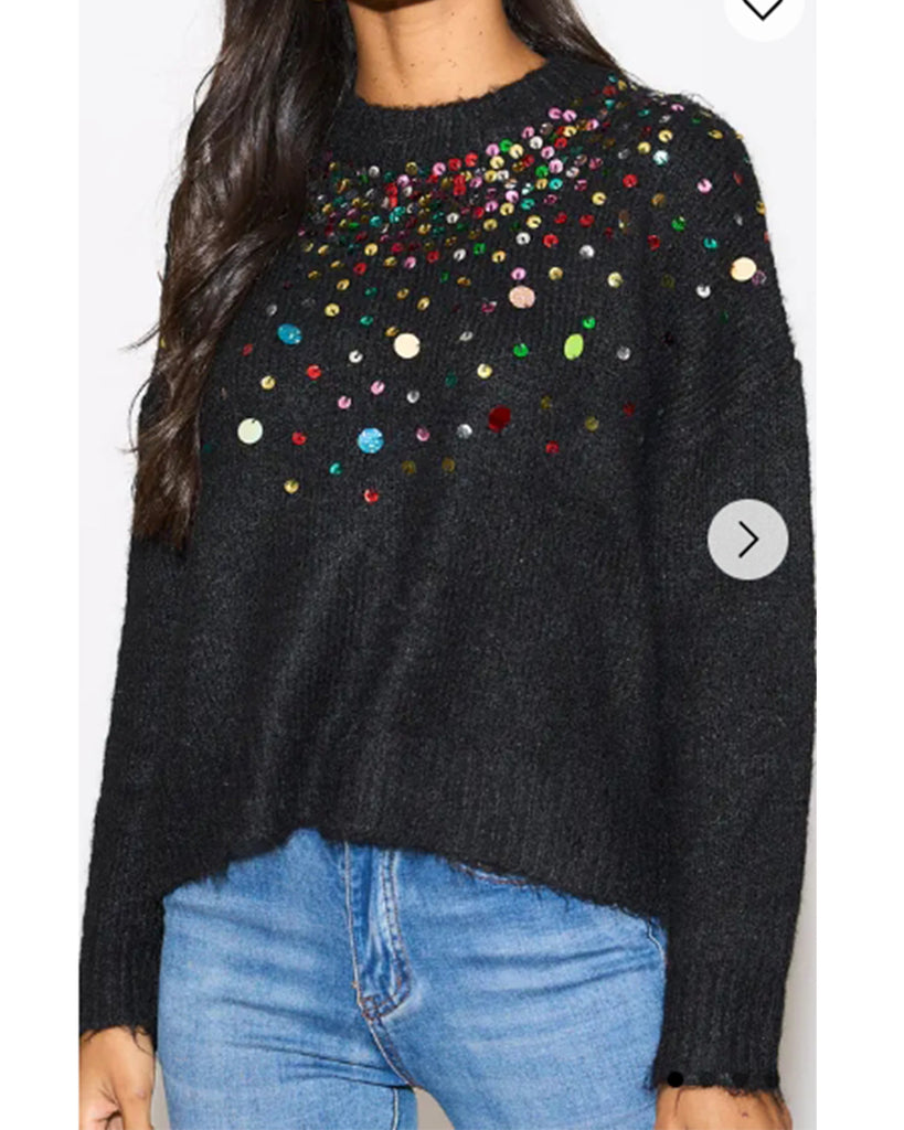 Multi color disco Sequin embellished design Soft knit jumper in Black