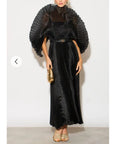 Pleated long dress with organza pleated cape sleeves in black