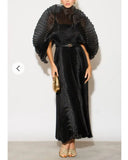 Pleated long dress with organza pleated cape sleeves in black