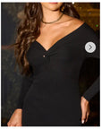 Soft Knit off the shoulder neckline long sleeves bodycon dress in black