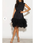 Stand Collar Shift Dress With Heavily Gathered Tiered Mesh Frills Shirt Hem Design In Black