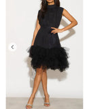 Stand Collar Shift Dress With Heavily Gathered Tiered Mesh Frills Shirt Hem Design In Black