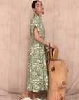 Multi Leaves' print Cotton Linen shirt dress short sleeves in Green