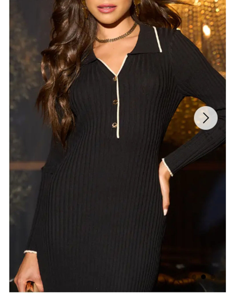 Soft knit long sleeves bodycon dress with blue line contrast design