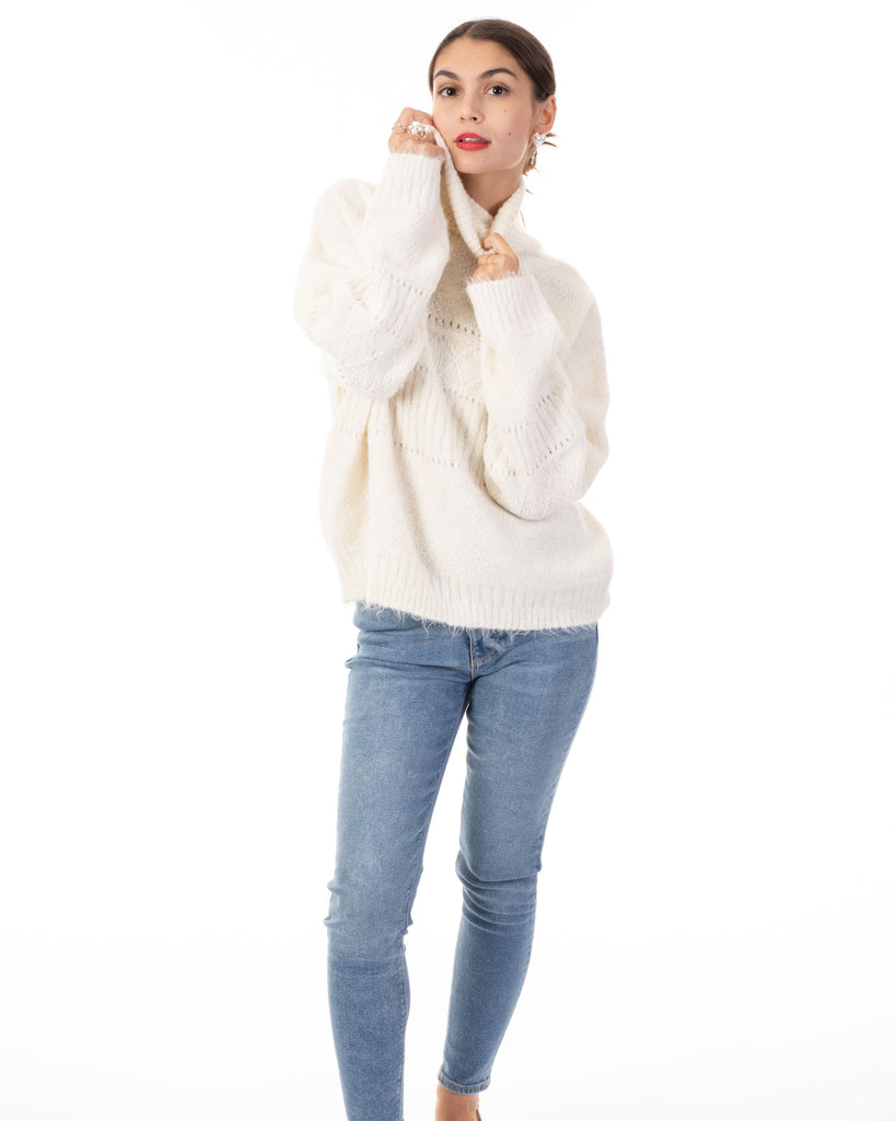 Relaxed-fit Roll- neck Jumper with open-work design in Cream