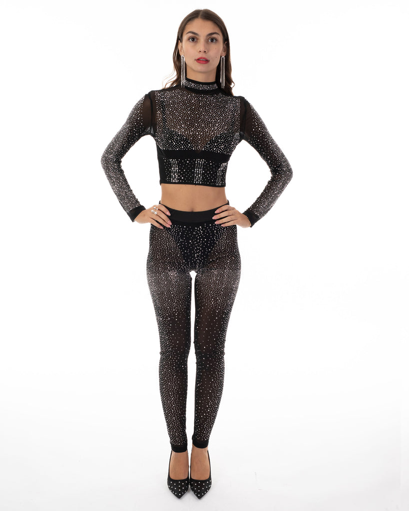 Multi Diamond Embellished Crop Top and Leggings Co-ords