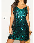 Circle Disc Sequin Strappy Short Dress in GREEN