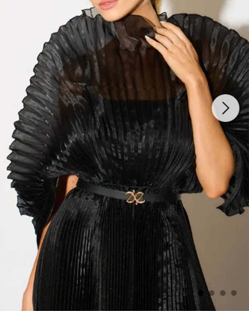 Pleated long dress with organza pleated cape sleeves in black