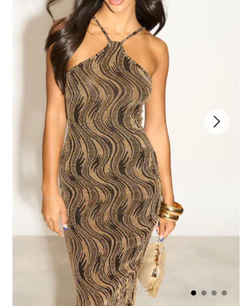 High-neck sleeveless metallic-knit with pattern print maxi dress in Gold