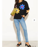 Floral Pattern Embroidered Soft knit Long Sleeves Jumper in black