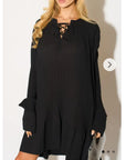 Oversized Silky Chiffon pleated shirt dress with Frilled detail hem in Black