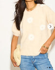 Floral Pattern Embroidered Soft knit Short Sleeves Jumper in Cream