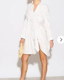 Asymmetry with Elasticated design cotton blend shirt dress in white