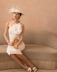 Knitted stretch cotton Bodycon midi dress with Camellias Brooches in white