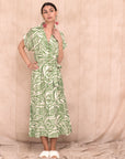 Multi Leaves' print Cotton Linen shirt dress short sleeves in Green