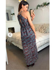 High Neck Maxi Dress With Side Split In Black Heart Print