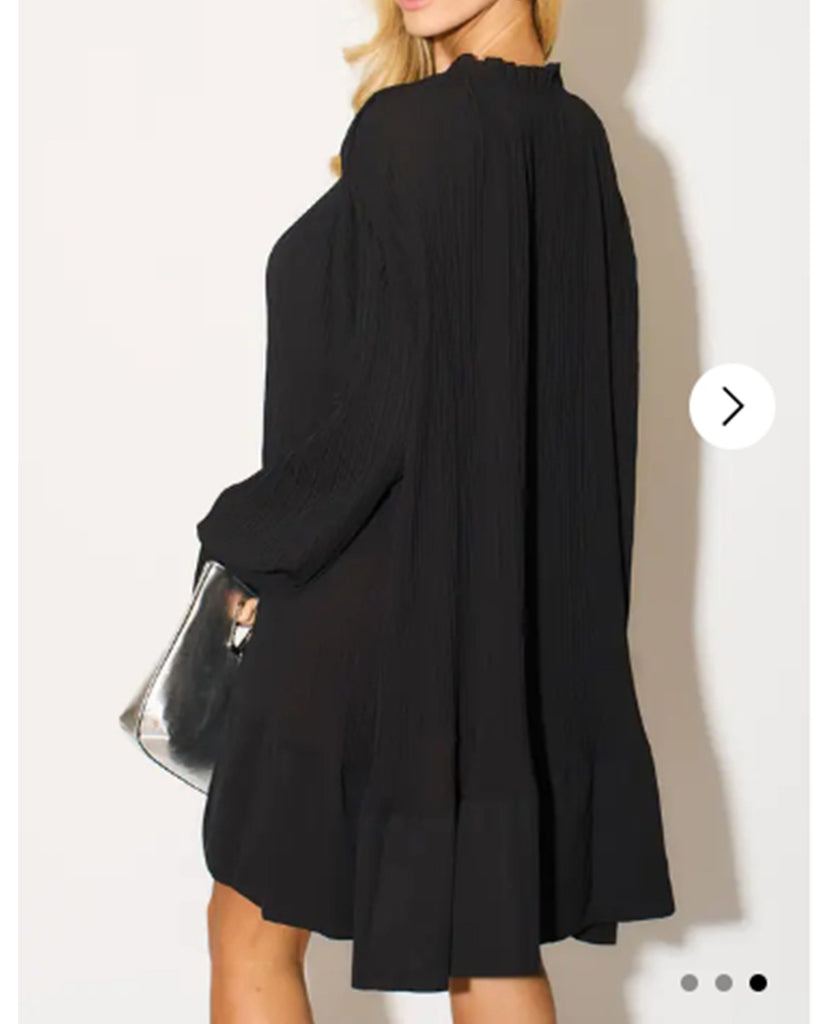 Oversized Silky Chiffon pleated shirt dress with Frilled detail hem in Black