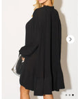 Oversized Silky Chiffon pleated shirt dress with Frilled detail hem in Black