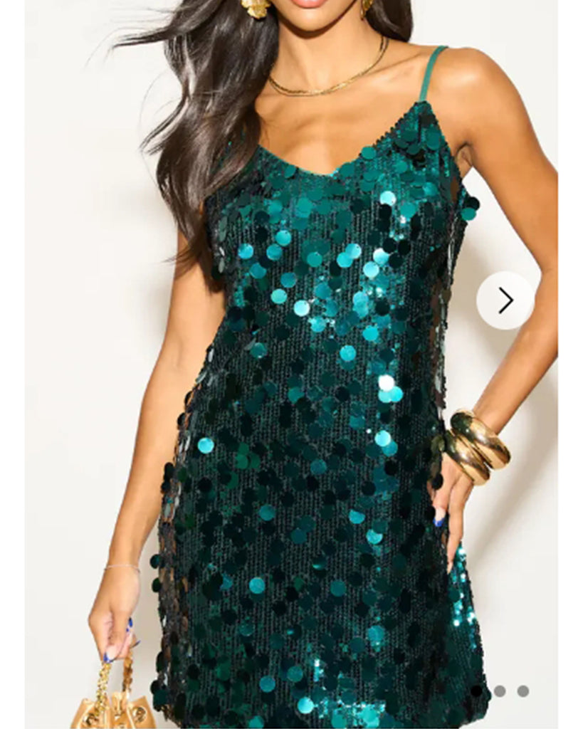 Circle Disc Sequin Strappy Short Dress in GREEN