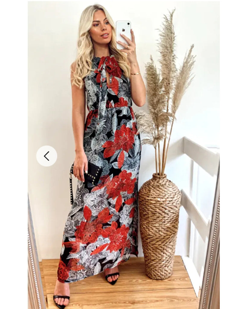 High Neck Maxi Dress With Side Split In Black Floral Print