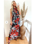 High Neck Maxi Dress With Side Split In Black Floral Print