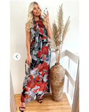 High Neck Maxi Dress With Side Split In Black Floral Print