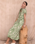 Multi Leaves' print Cotton Linen shirt dress short sleeves in Green