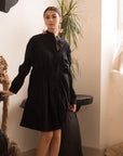 Asymmetry with Elasticated design cotton blend shirt dress in black