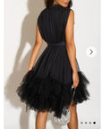 Stand Collar Shift Dress With Heavily Gathered Tiered Mesh Frills Shirt Hem Design In Black