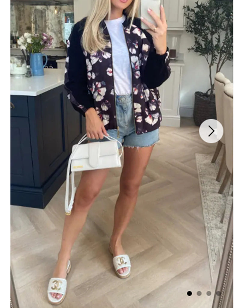 Black floral Print Bomber Jacket