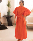 Cotton blend oversized shirt dress with ruffle sleeves design in orange