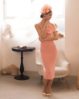 Knitted stretch cotton Bodycon midi dress with Camellias Brooches in pink