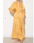 Silky feeling organza midi dress with ruffle design on sleeves and skirt hem in yellow