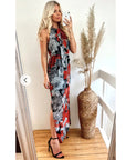 High Neck Maxi Dress With Side Split In Black Floral Print