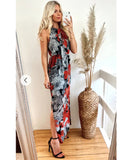 High Neck Maxi Dress With Side Split In Black Floral Print