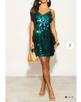 Circle Disc Sequin Strappy Short Dress in GREEN