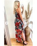 High Neck Maxi Dress With Side Split In Black Floral Print