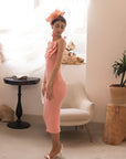 Knitted stretch cotton Bodycon midi dress with Camellias Brooches in pink