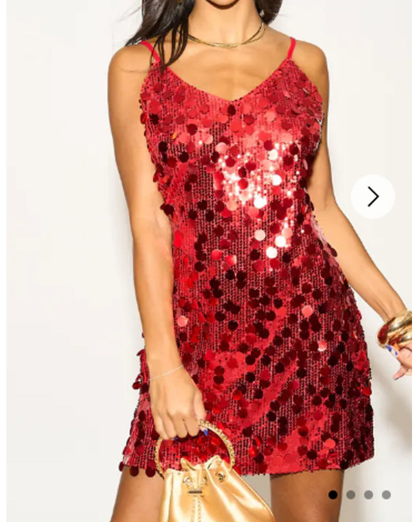 Circle Disc Sequin Strappy Short Dress in Red