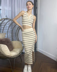 Knitted stripe print vest top and midi skirt co-ords set in beige