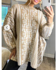 Fine knit oversized jumper with monogrammed pattern design in Beige and White