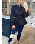 Ruffle design around chest and hem cotton shirt in Black