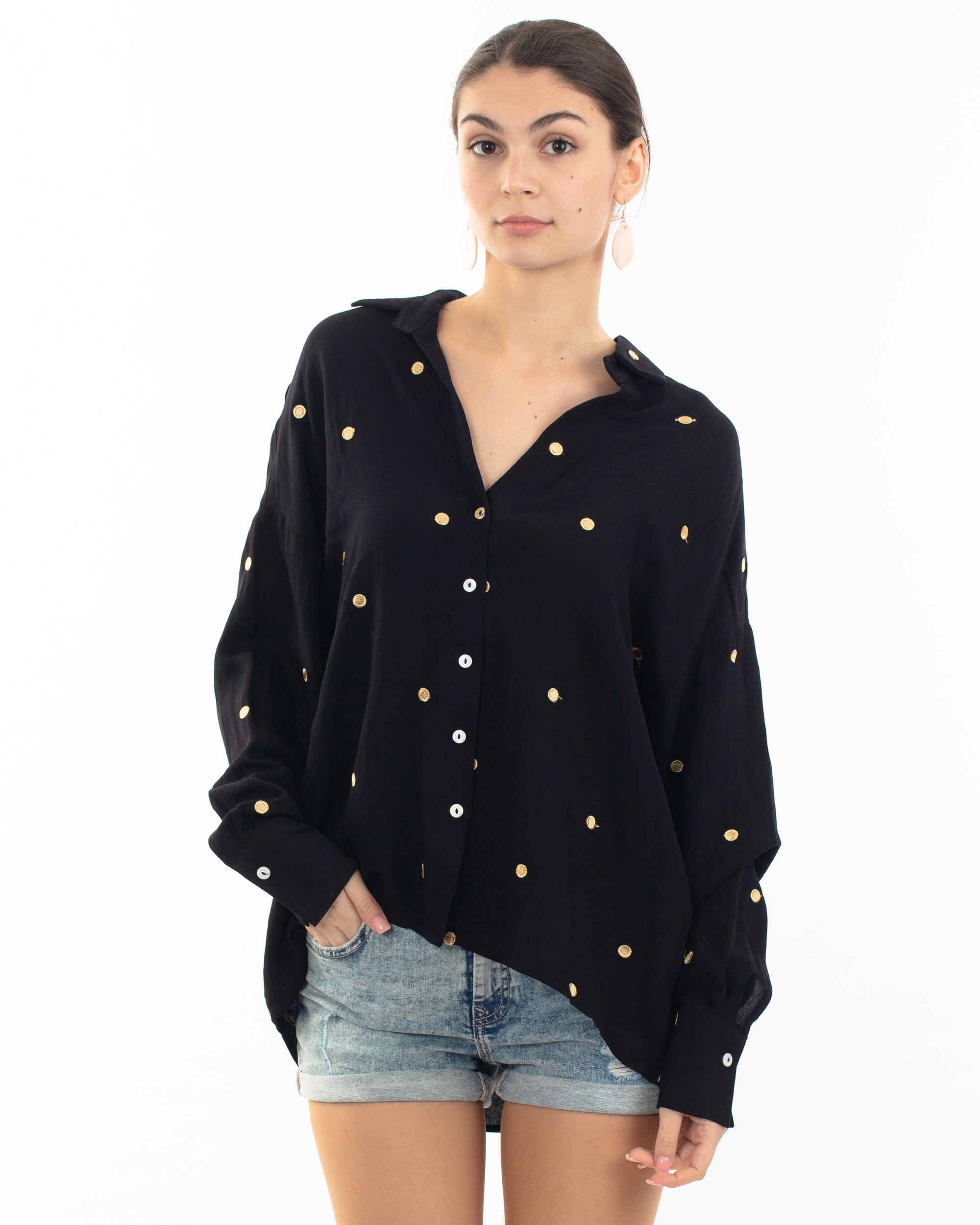 Gold Polka Dots Embroidered Shirt in Soft cotton fabric in Black