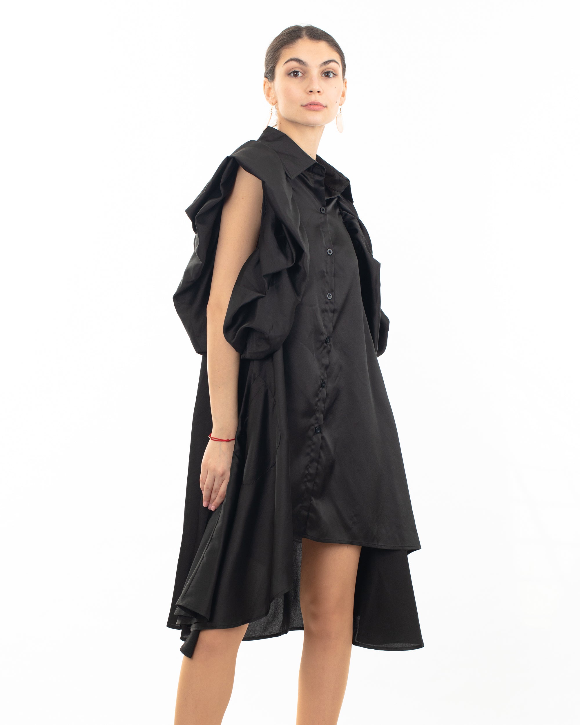 Oversized Ruffle Sleeves shirt dress in black