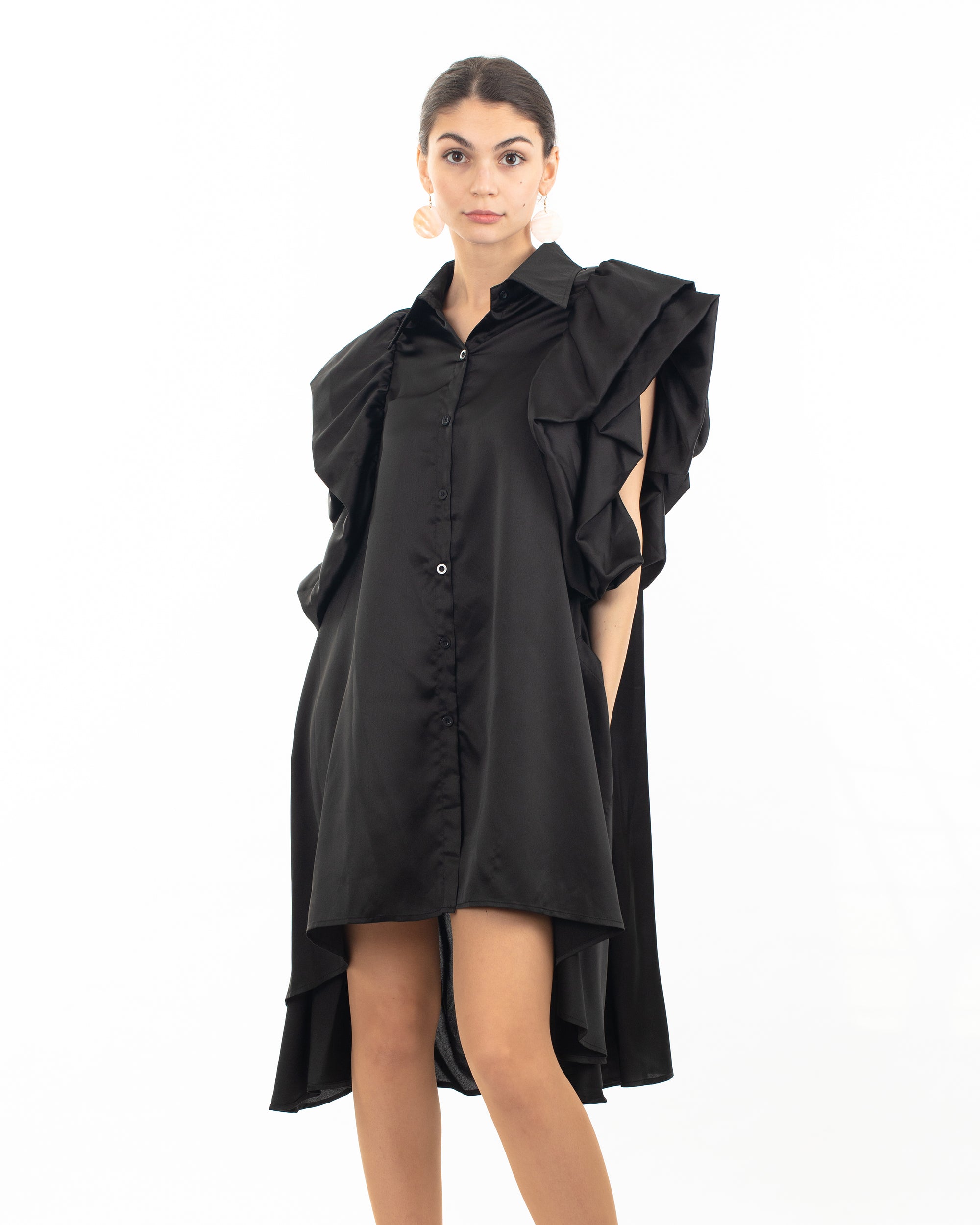 Oversized Ruffle Sleeves shirt dress in black